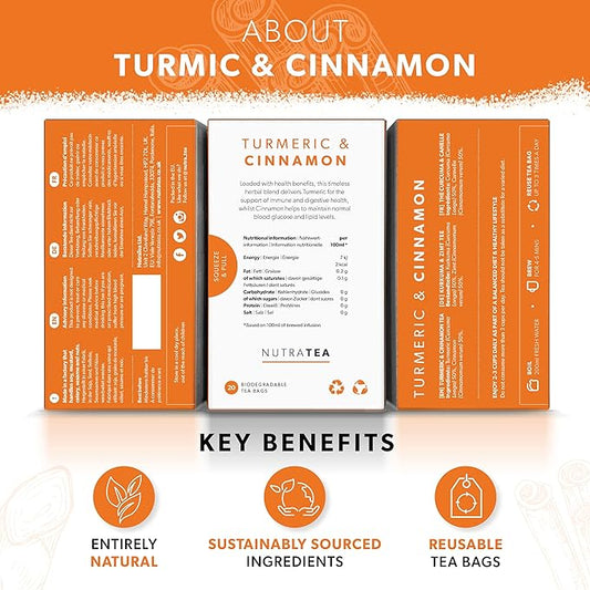 Nutra Tea Turmeric & Cinnamon Tea, Turmeric Tea - 120 Individually Wrapped Bags - Herbal Infusion (6 Pack)