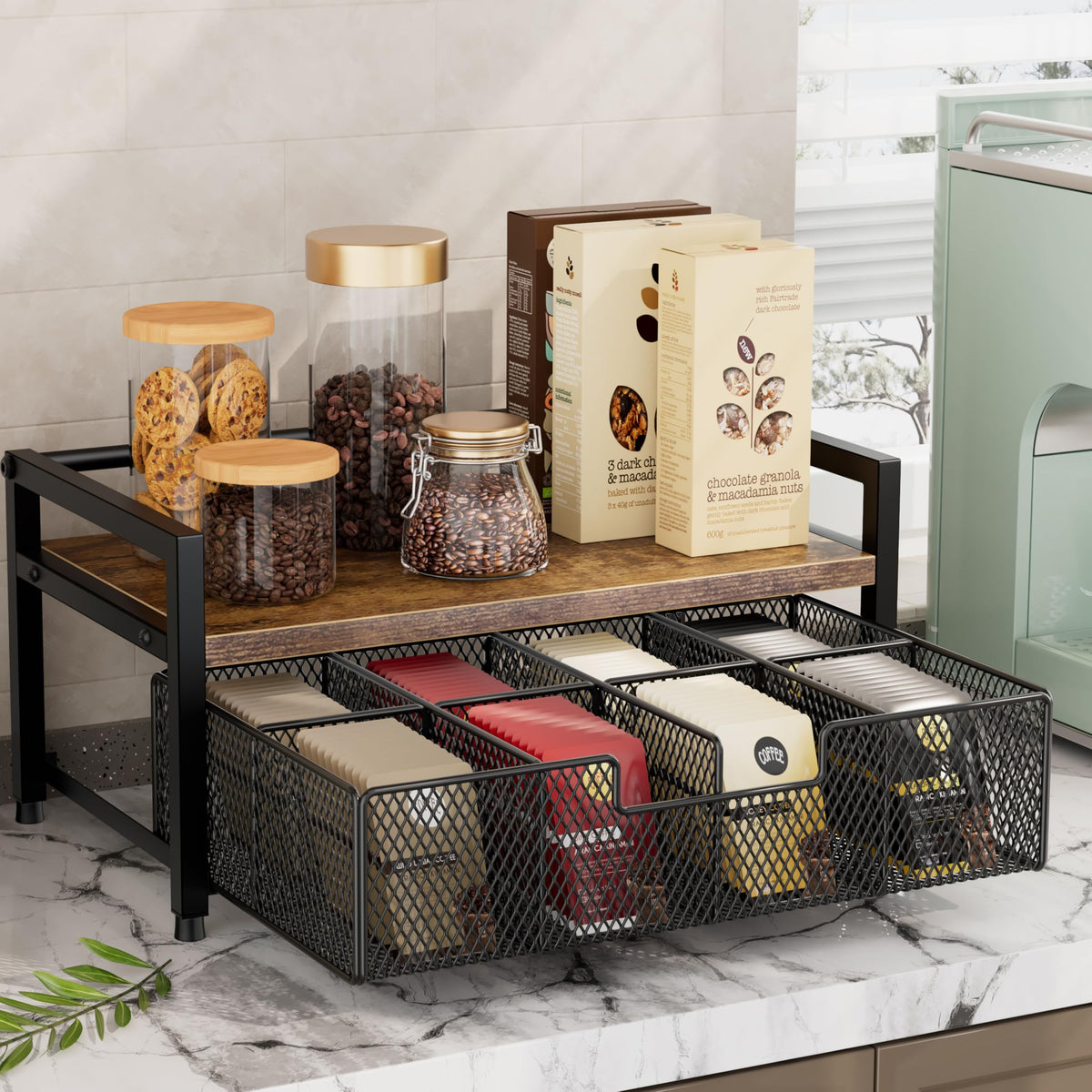 Segtenant Tea Bag Organizer, Tea Bag Holder with Drawer, Wood and Metal Tea Organizers and Storage Chest for Countertop
