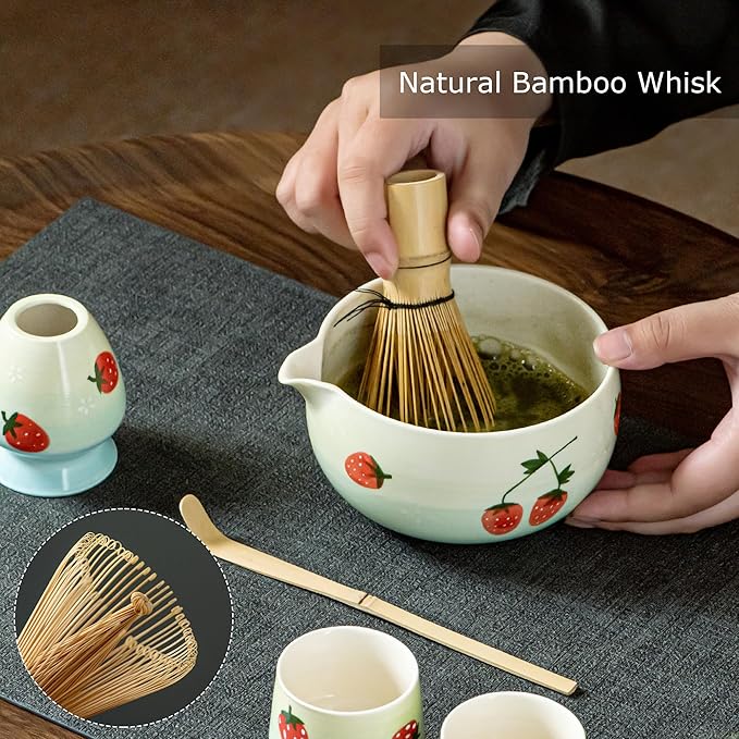 Matcha Whisk Set, Cute Strawberry Matcha Bowl Set with 2 Cups, Bamboo Whisk, Scoop & Holder, Matcha Kit Gift for Tea Lovers and Tea Ceremony