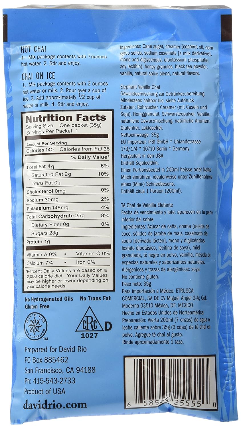 David Rio Chai Tea Single Serve Packets, Elephant Vanilla, 1.23 Ounce (Pack of 48)