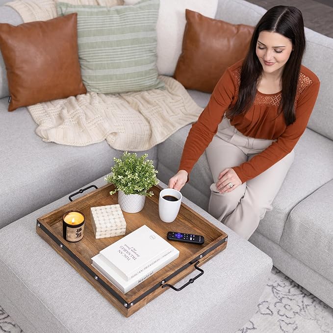 20"x20" Extra Large Square Ottoman Tray, Heavy Duty Mango Wood, for Serving Tea, Breakfast in Bed