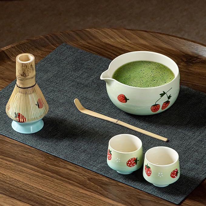 Matcha Whisk Set, Cute Strawberry Matcha Bowl Set with 2 Cups, Bamboo Whisk, Scoop & Holder, Matcha Kit Gift for Tea Lovers and Tea Ceremony