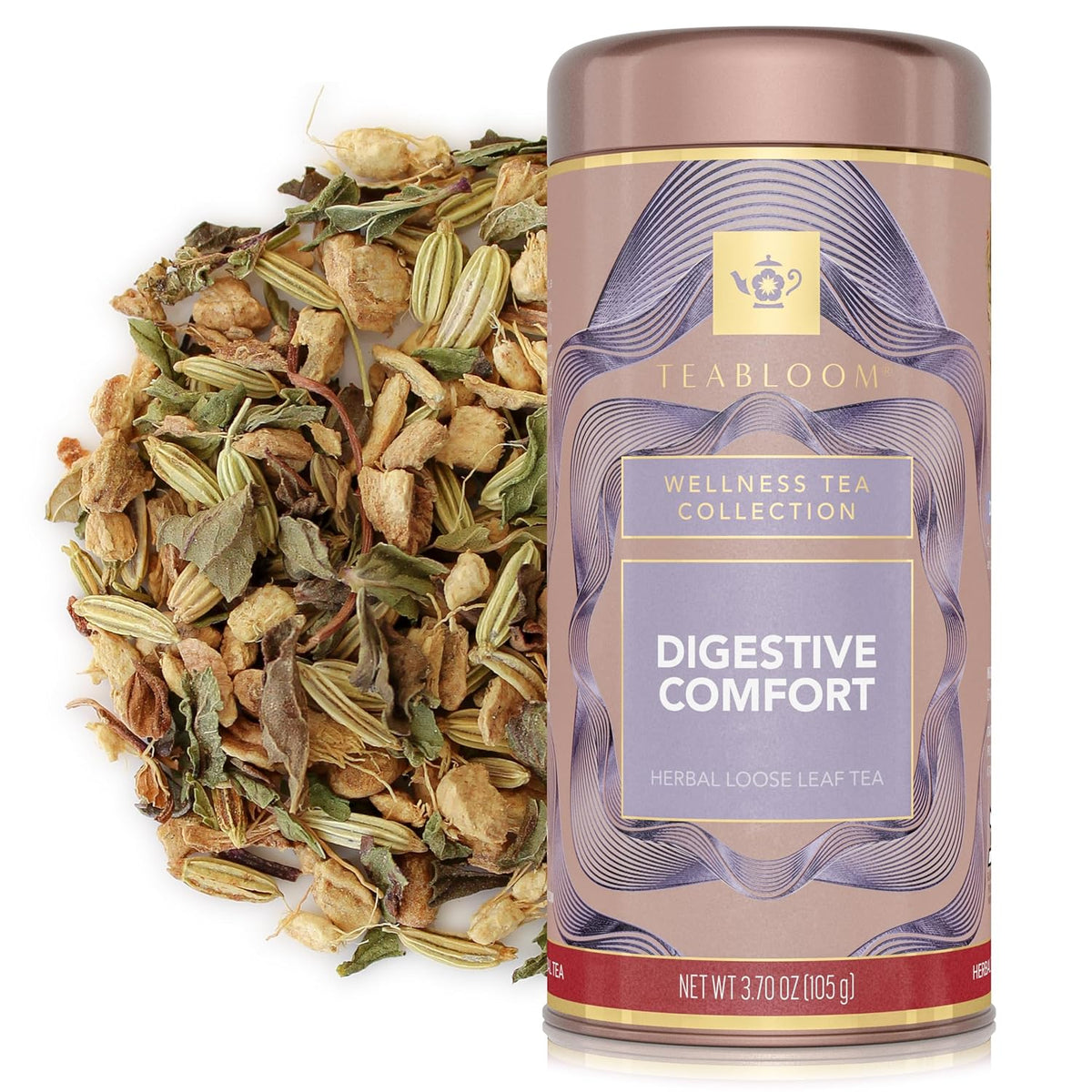 Teabloom Digestive Comfort Loose Leaf Herbal Tea with Chamomile, Fennel & Ginger, Caffeine-Free Soothing Botanical Blend, Canister Makes 35–50 Cups