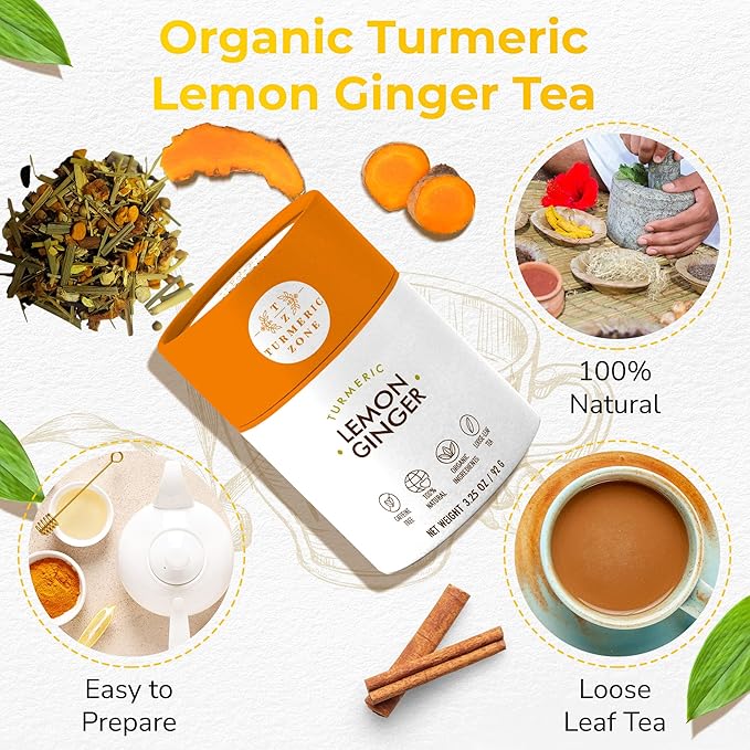Turmeric Zone Organic Turmeric Lemon Ginger Decaf Tea with Turmeric Root, Roasted chicory root, Ginger root, Orange peel, Lemongrass, Lemon essential oil, Hibiscus flowers, Coriander seed and Cinnamon chips - 3.25 oz