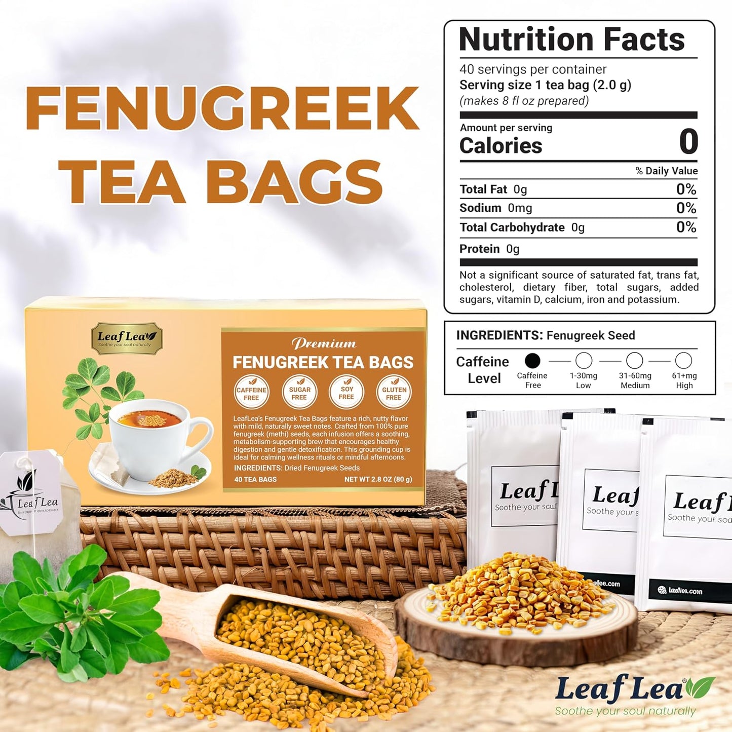 LeafLea Fenugreek Tea Bags, Pure Fenugreek Seed Herbal Infusion, 40 Count | 100% Pure Fenugreek Seeds, Fenogreco Tea, Nutty Maple-Like Flavor, Caffeine-Free, Vegan, Individually Foil-Wrapped