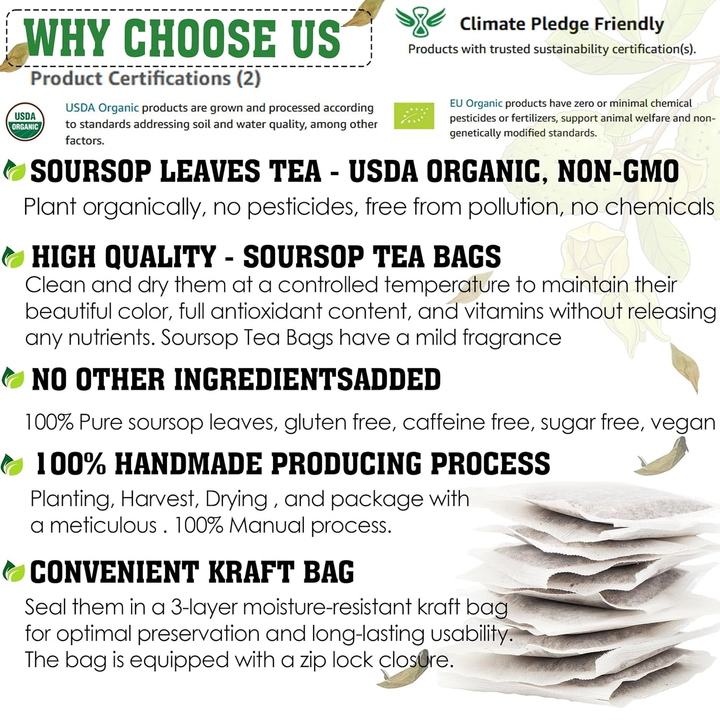 KEYXE - USDA Organic Soursop Graviola Leaves Tea 50 Bags. Non-GMO Verified , 100% Organic Soursop Leaves for Digestion, Boosting Immune, Improving Sleep &amp; Skin Health, Gluten Free, Caffein Free , Hojas De Guanabana Tea Organica, Eco-Conscious Tea Bags