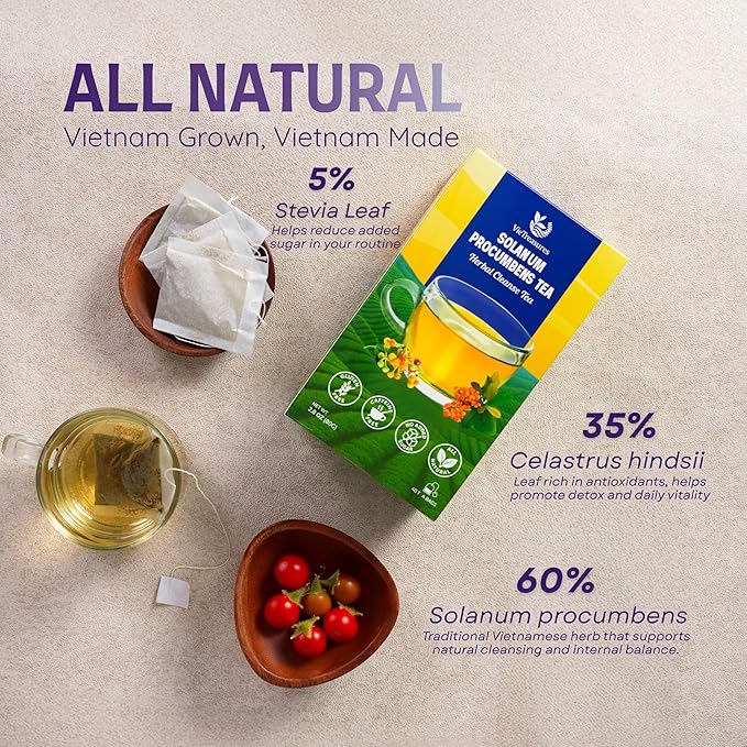 VieTreasures Solanum Procumbens Leaf Tea - 2.8oz (40 Tea Bags) | With Celastrus and Stevia Blend | Caffeine-free, Gluten-free, Sugar-free Herbal Cleanse Tea for Relax, Energy & Inner Health Support