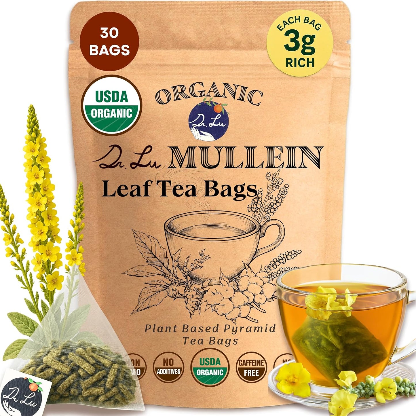 Dr. Lu’s Organic Mullein Leaf Tea | High-Altitude Grown in the Rocky Mountains | Pure Botanical Respiratory Support | 30 x 3g Premium Fill Corn Fiber Pyramid Bags (No Plastic, No Nylon)