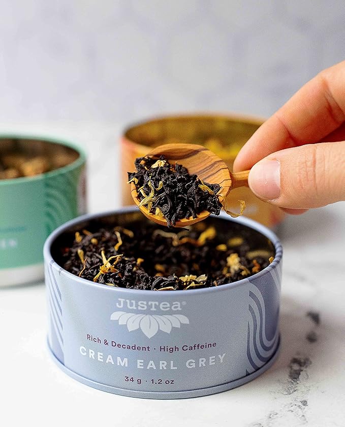 JusTea Assorted Tea Trio, Stacking Tins Variety Pack with Hand Carved Spoon, Loose Leaf Tea, Variable Caffeine, Award-Winning, Fair Trade, Non-GMO