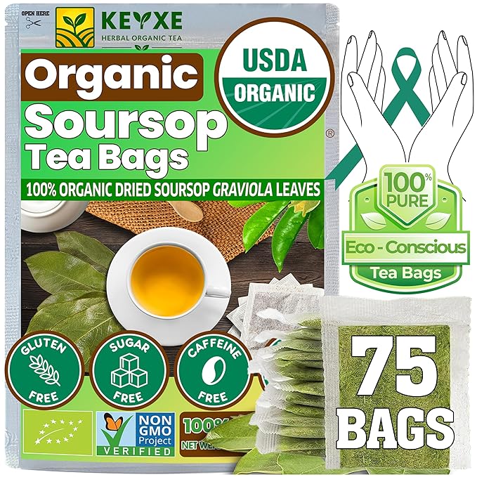 Keyxe - USDA Organic Soursop Graviola Leaves Tea 75 Bags. Non-GMO Verified, 100% Organic Soursop Leaves for Digestion, Boosting Immune