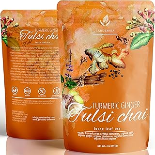 Organic Turmeric Ginger Tulsi Chai Tea | Loose Leaf | Ayurvedic Superfood Blend | Herbal and Caffeine-Free | 55+ Cups | KSA Kosher | 4 oz