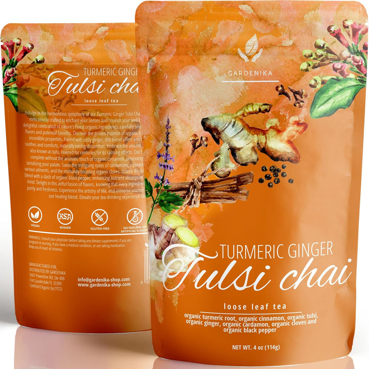 Gardenika Organic Turmeric Ginger Tulsi Chai – Loose Leaf Ayurvedic Blend, Caffeine-Free, KSA Kosher, 4 oz