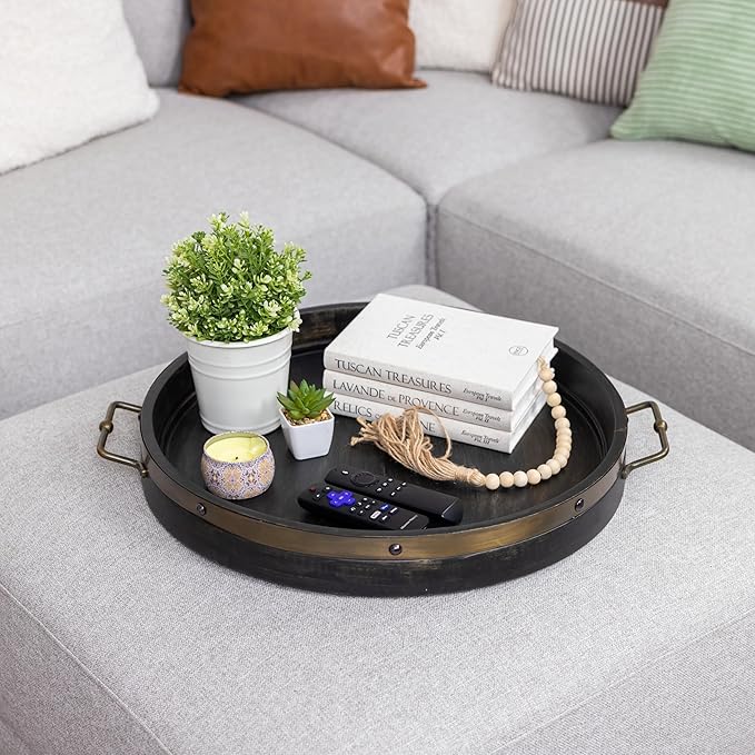 20” Large Round Ottoman Tray, Distressed Black Mango Wood, Rustic Farmhouse Style with Antique Brass Handles & Accent Strap, Large Coffee Table Tray for Tea, Breakfast in Bed, Living Room