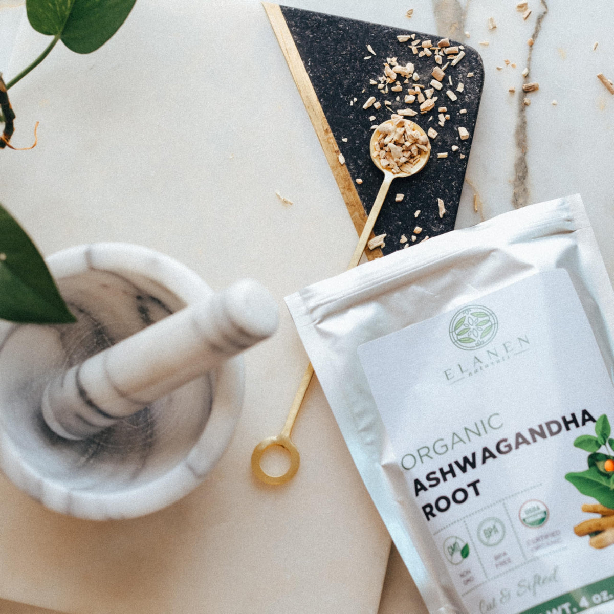 Elanen Naturals Organic Ashwagandha Root 4 oz. (113g), USDA Certified Organic Ashwagandha Root Loose Leaf Tea, Dried Withania
