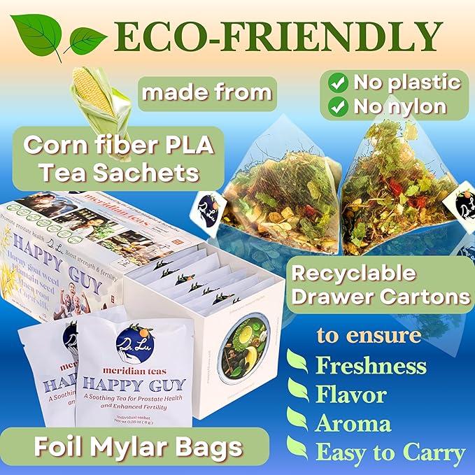 Dr. Lu’s Happy Tea for Guy | 100% Natural Energy Tea for Men | Supports Prostate, Vitality & Fertility | 11-Herb Blend with Maca, Corn Silk & Hibiscus in Corn Fiber Tea Bags Made in USA
