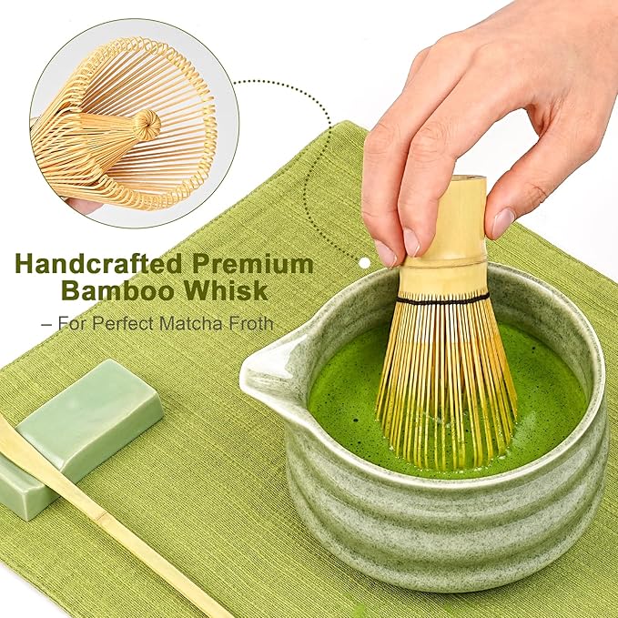Artisan Ceramic Matcha Set, 7Pcs Japanese Matcha Whisk Kit with Speckled Glaze Bowl, Bamboo Chasen & Sifter