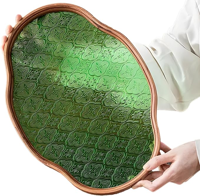 IwaiLoft Glass Serving Tray with The Crabapple Pattern Glass and Walnut for Kitchen Countertop Home 