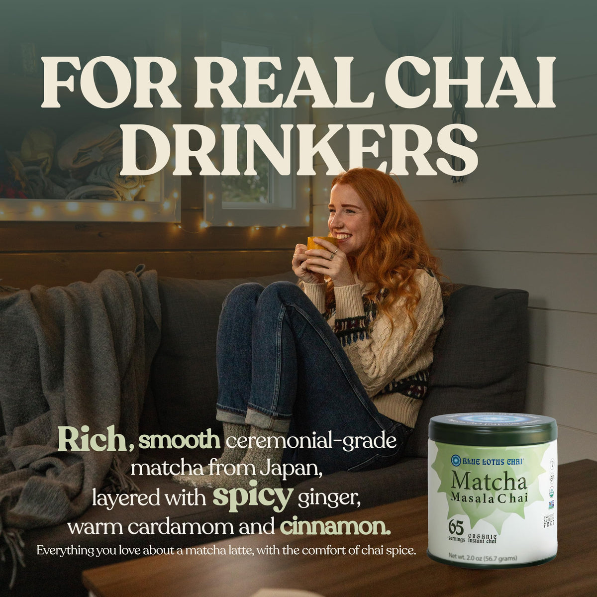 Blue Lotus Chai – Organic Matcha Masala Chai - Makes 65 Cups – Just Add Hot Water, No Steeping, No Gluten - 2 Ounce Masala