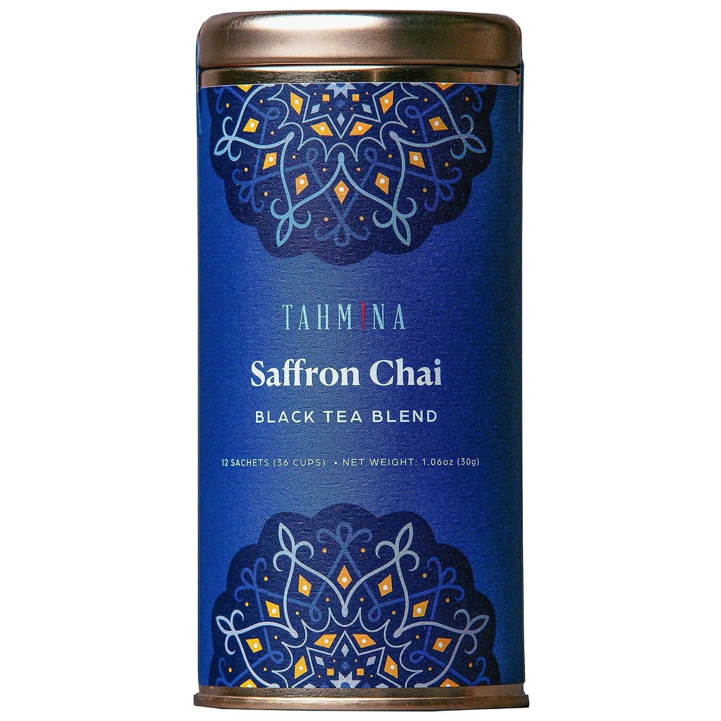 Tahmina Saffron Chai Tea: Assam Black Tea Blend with Saffron, Highly Caffeinated Tea, 12 Biodegradable Pyramid Tea Bags, Makes 36 Cups of Tea (1 Pack)