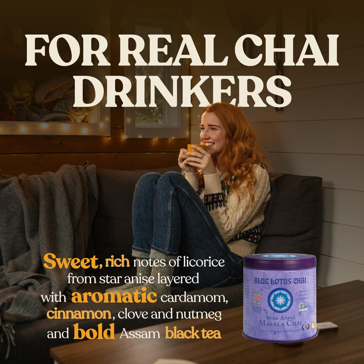 Blue Lotus Chai - Star Anise Masala Chai - Makes 100 Cups - 3 Ounce Masala Spiced Chai Powder with Organic Spices - Instant
