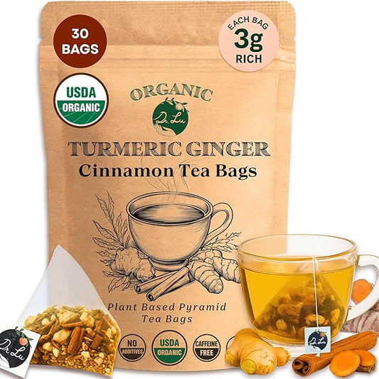 Dr. Lu’s Organic Turmeric Ginger Cinnamon Tea | Tropical Wild Roots & Bark from South Asia | 100% Natural Digestive & Warming Support | 30 x 3g Potent Root Blend Corn Fiber Pyramid Bags (No Plastic, No Nylon)