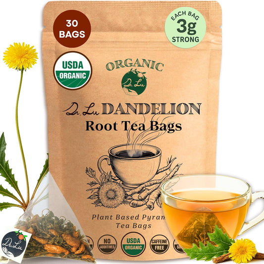 Dr. Lu’s Organic Dandelion Root &amp; Leaf Tea | Wild-Harvested in Eastern Europe | 100% Natural Liver &amp; Detox Support | 30 x 3g High-Intensity Brew Corn Fiber Pyramid Bags (No Plastic, No Nylon)
