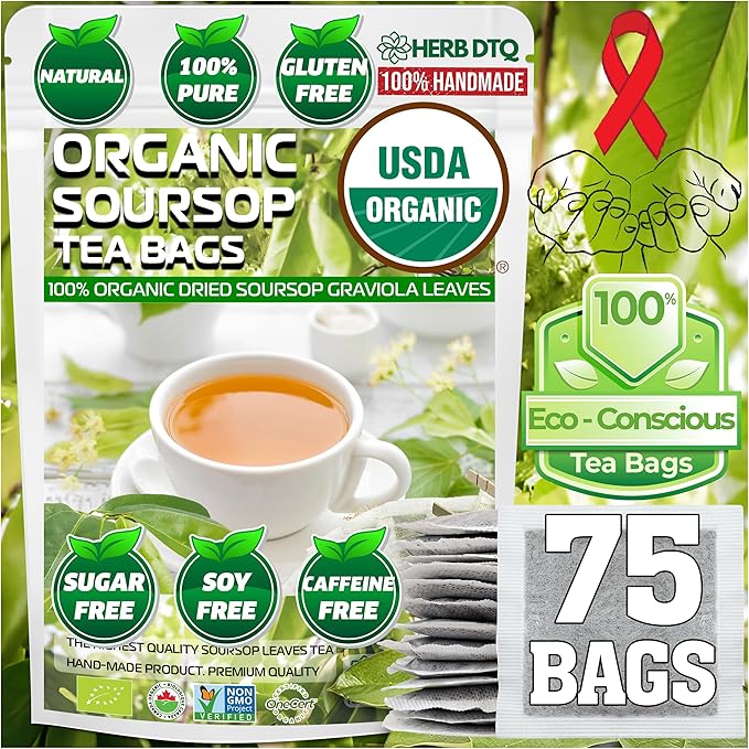 USDA Organic Soursop Tea Bags - 100% Organic Soursop Leaves, Antioxidant for Digestion & Detox, Energy Boost & Immune Support - Non-GMO