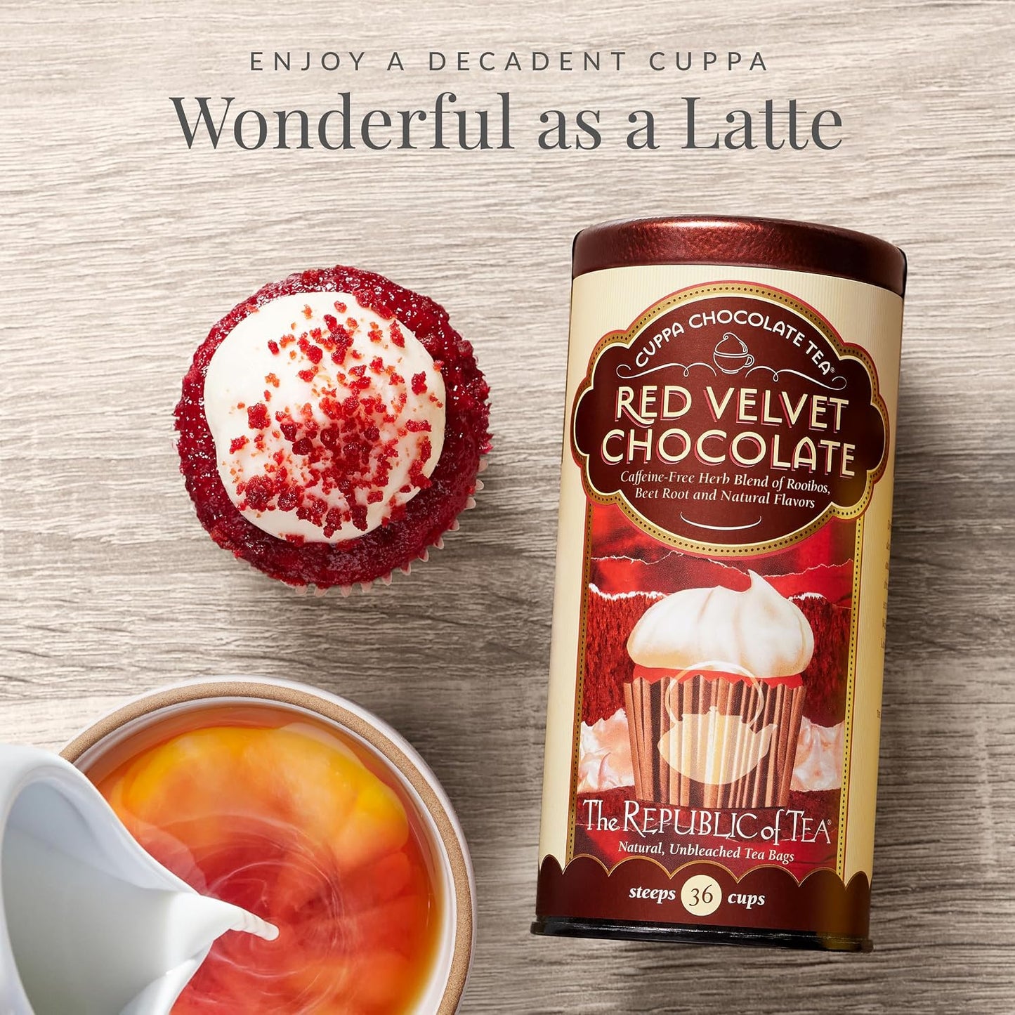 The Republic of Tea Cuppa Chocolate Red Velvet Herbal Tea, 36 Count | Caffeine Free. Suitable for day or evening sipping. Mellow rooibos with notes of soft vanilla and cocoa richness.