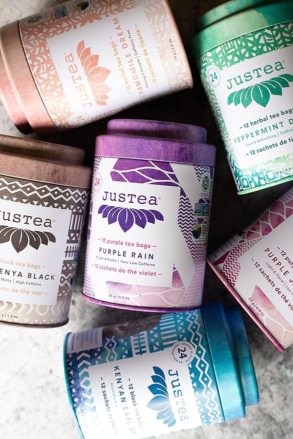 JusTea Purple Rain | Pyramid Compostable Tea Bags | Purple Tea | 12+ Cups | Very Low Caffeine | Award-Winning | Fair Trade | Non-GMO