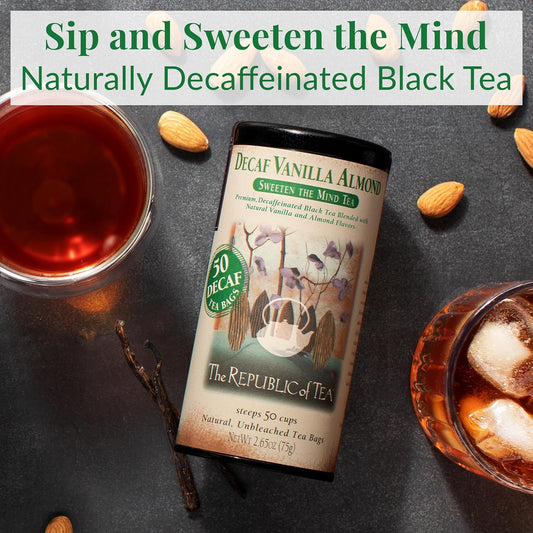 The Republic of Tea Decaf Vanilla Almond Black Tea, 50 Count | Suited to later-day sipping. Brisk and full-bodied with notes of soft sweetness. Gluten Free and Carb Free.
