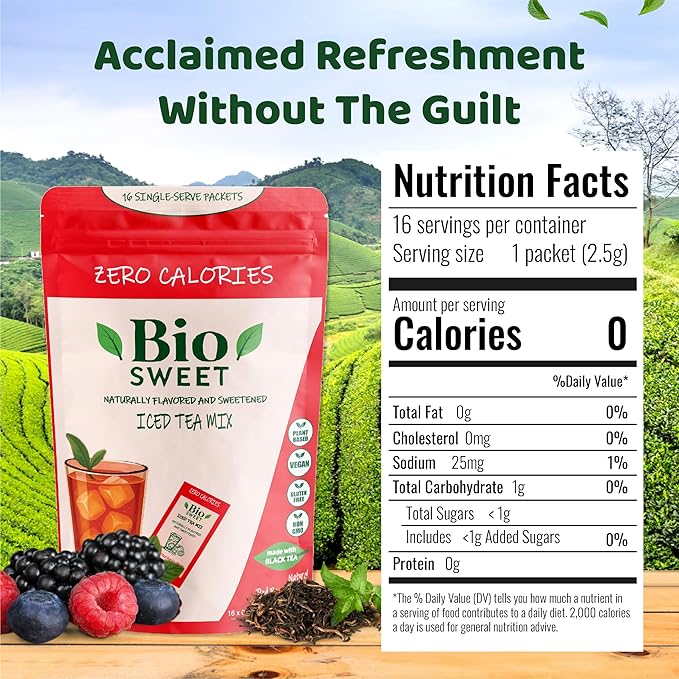 BioSweet Iced Tea Mixes - Red Berries Flavor, Zero Calorie Mix from Real Black Tea, Naturally Sweetened & Flavored, Non GMO, Gluten Free