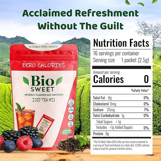 BioSweet Iced Tea Mixes - Red Berries Flavor | Zero Calorie Mix from Real Black Tea | Naturally Sweetened & Flavored | Non GMO, Gluten Free, Vegan (16 single-serve packets)
