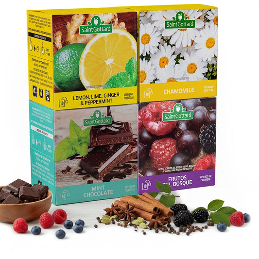 Saint Gottard Mix Essentials Herbal Tea Pack – Variety of 4 Natural Flavored Infusions (Mint Chocolate, Chamomile, Forest Medley