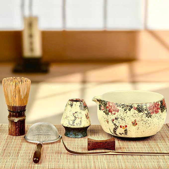7-Piece Matcha Set with Matcha Bowl, Bamboo Whisk (Chasen) & Holder, Sifter, Tea Scoop & Rest, Special Bamboo Tea Mat