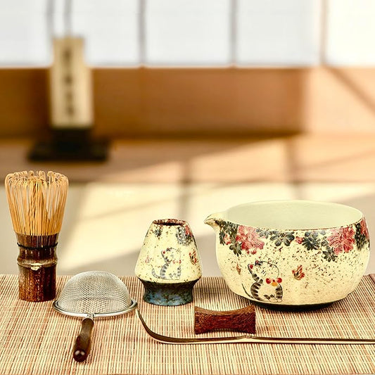 7-Piece Matcha Set with Matcha Bowl, Bamboo Whisk (Chasen) & Holder, Sifter, Tea Scoop & Rest, Special Bamboo Tea Mat