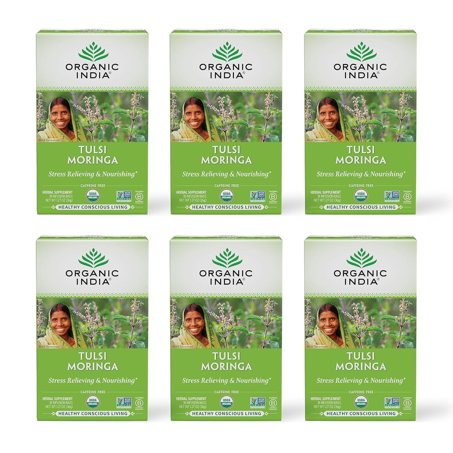 ORGANIC INDIA Tulsi Moringa Tea Bags - Holy Basil, Lemongrass, Moringa Leaves, Stress Relieving &amp; Nourishing, Immune Support Tea, Vegan, Certified Organic, Caffeine-Free - 18 Infusion Bags, 6 Pack