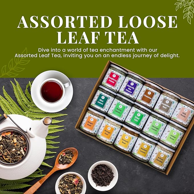 Assorted Loose Leaf Tea, 15 Delightful Herbs, Upto 900 Servings, 100% Raw & Natural, Add Health to your Soups, Smoothies, Teas and more