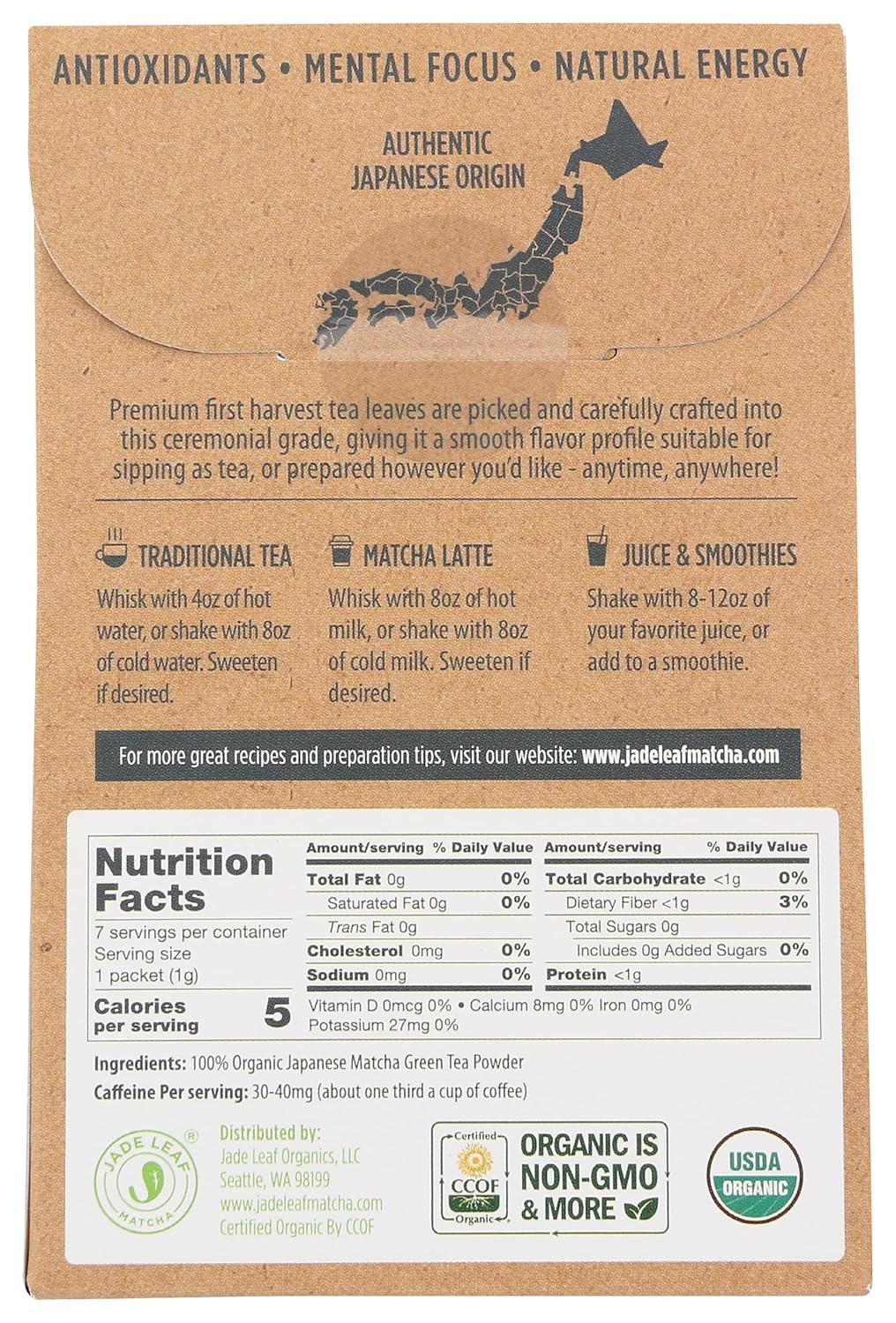 Jade Leaf Matcha, Matcha Japanese Ceremonial Grade Organic, 7 Count, 7 Gram