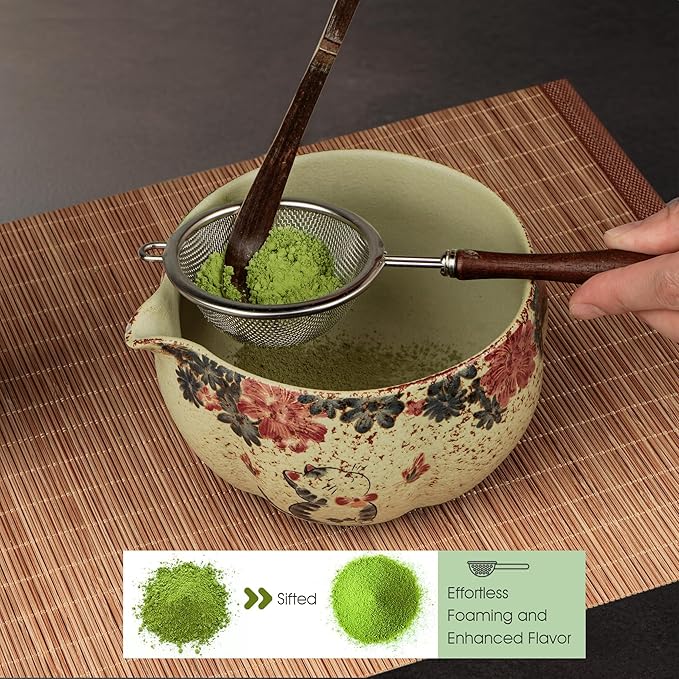 7-Piece Matcha Set with Matcha Bowl, Bamboo Whisk (Chasen) & Holder, Sifter, Tea Scoop & Rest, Special Bamboo Tea Mat