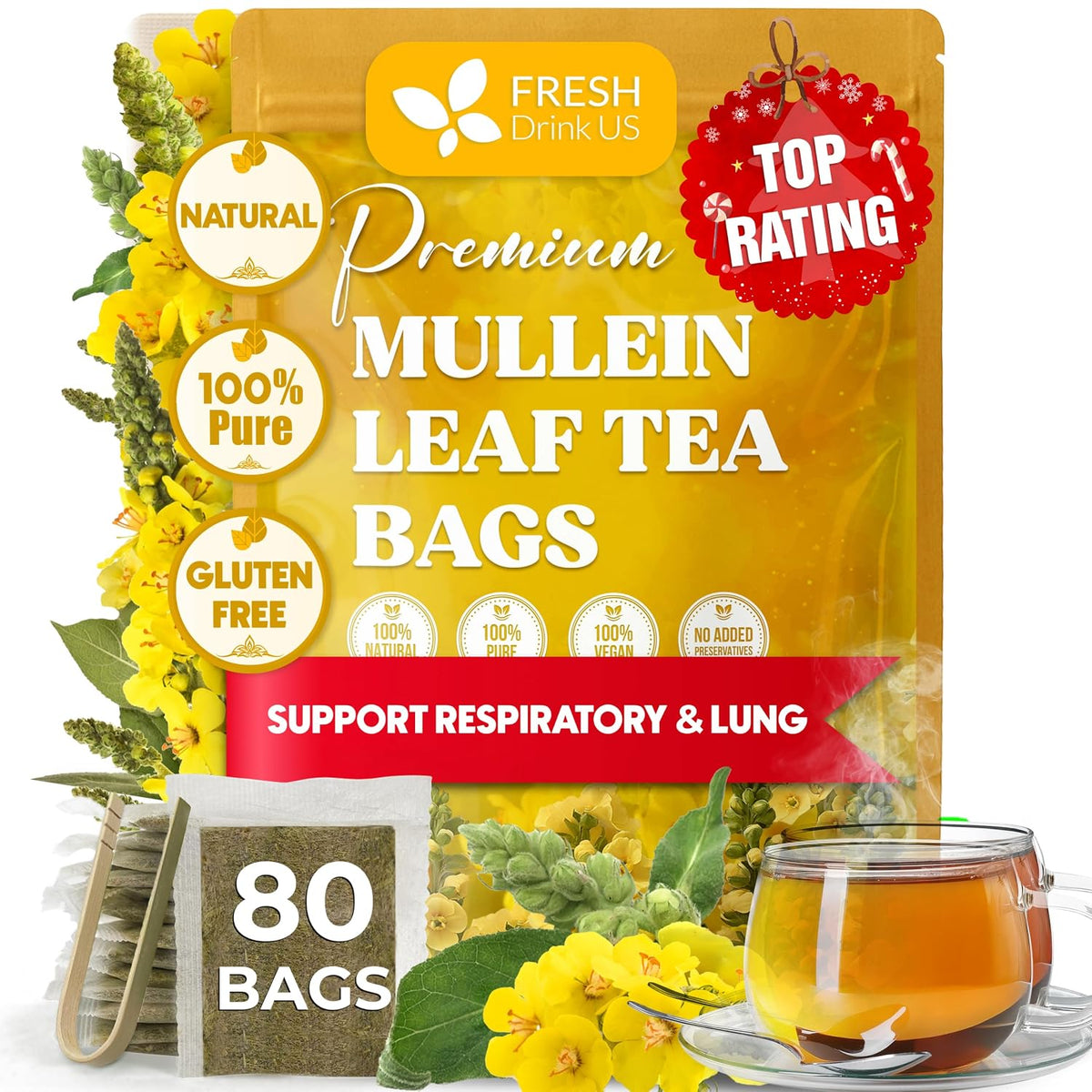 FreshDrinkUS, Premium 80 Mullein Leaf Tea Bags – 100% Natural, Pure, &amp; Caffeine-Free Herbal Tea for Lung – Loose Leaf, No Sugar, Vegan, Gluten-Free, Made with Natural Material Tea Bags