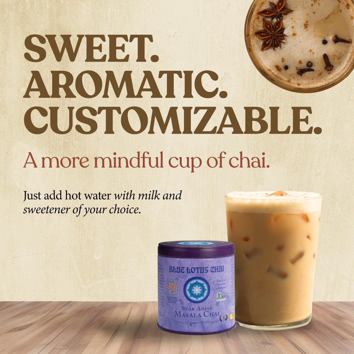 Blue Lotus Chai - Star Anise Masala Chai - Makes 100 Cups - 3 Ounce Masala Spiced Chai Powder with Organic Spices - Instant