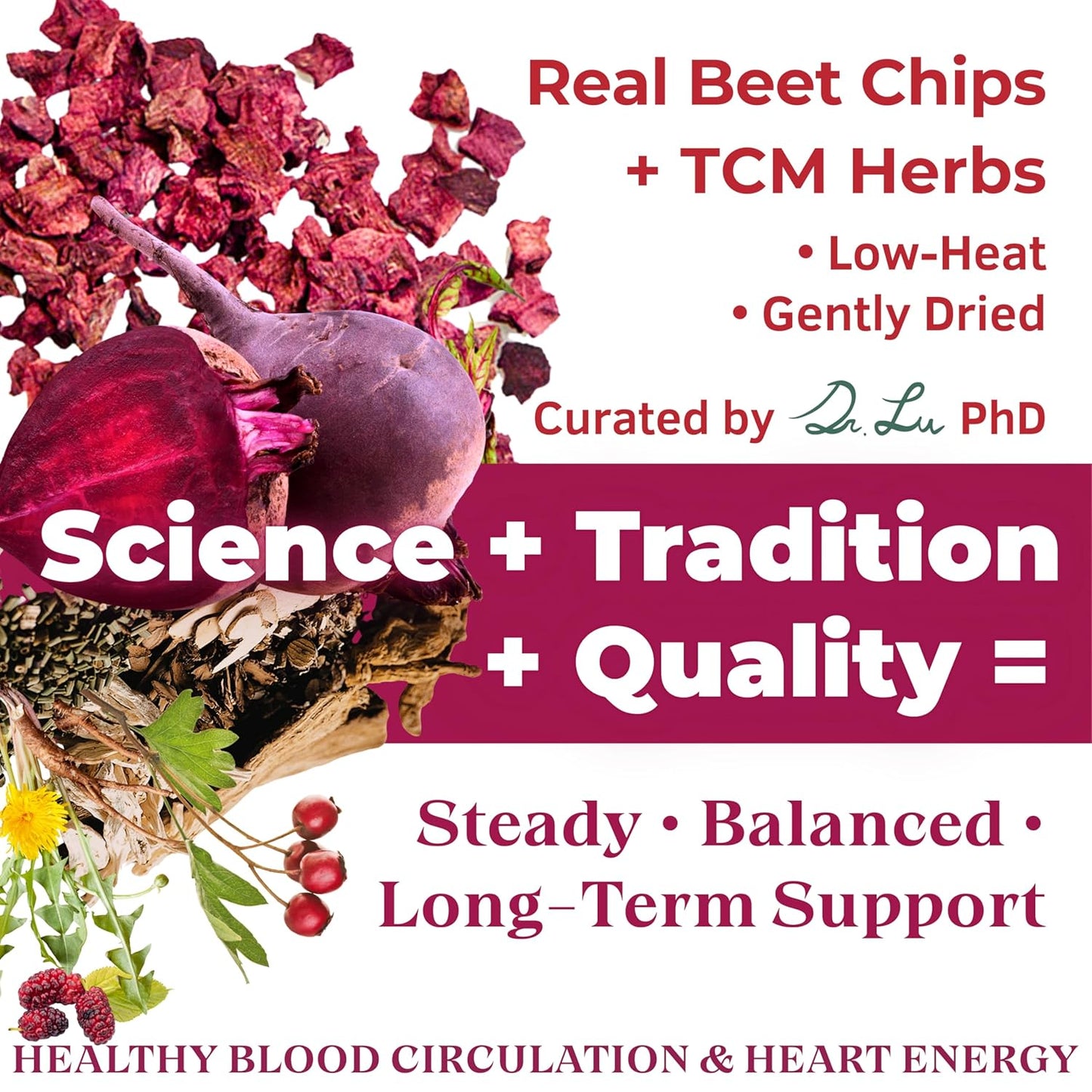 Dr. Lu’s Happy Blood Pressure Tea | 100% Natural Heart Functional Tea for Blood Pressure Support | Beetroot, Hawthorn Berry, Mulberry Leaf, Dandelion 10 Super Herbs in Corn Fiber Pyramid Bags