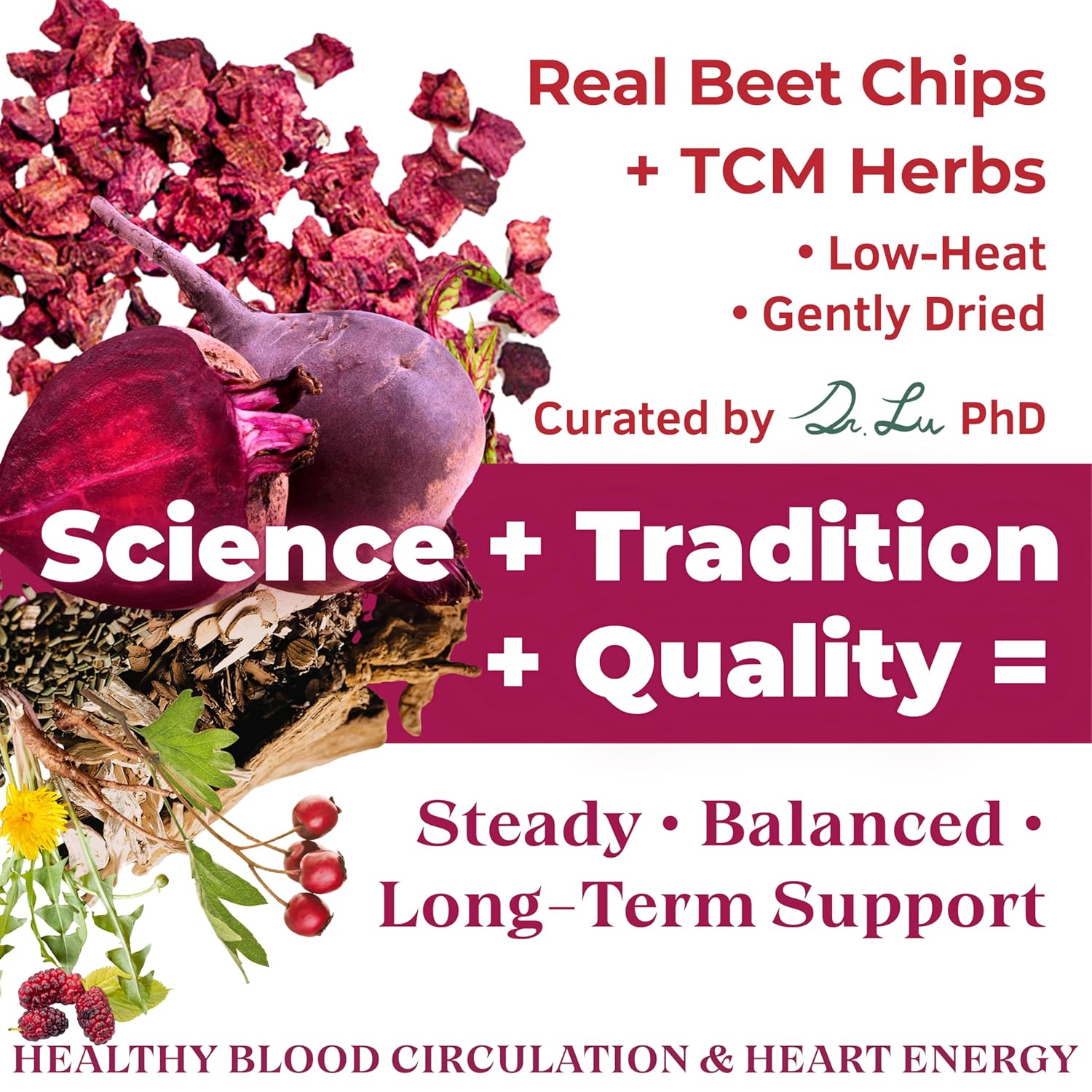Dr. Lu’s Happy Blood Pressure Tea | 100% Natural Heart Functional Tea for Blood Pressure Support | Beetroot, Hawthorn Berry, Mulberry Leaf, Dandelion 10 Super Herbs in Corn Fiber Pyramid Bags
