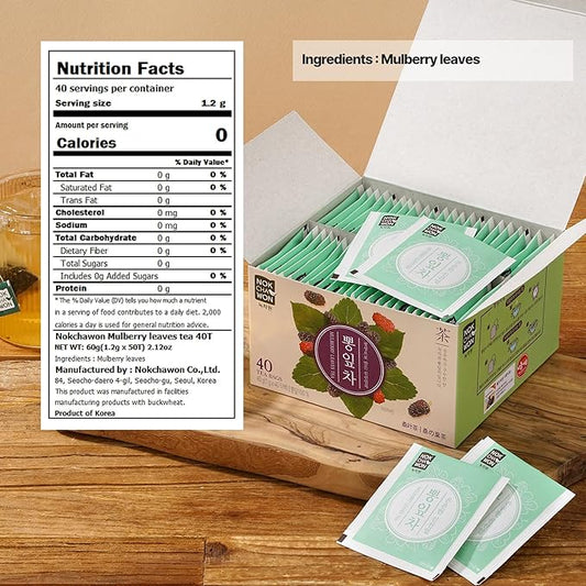[Nokchawon] Mulberry Leaf Teabags – Naturally Caffeine-Free Mulberry Herbal Tea, 40 Tea Bags, 48g (1.69oz)