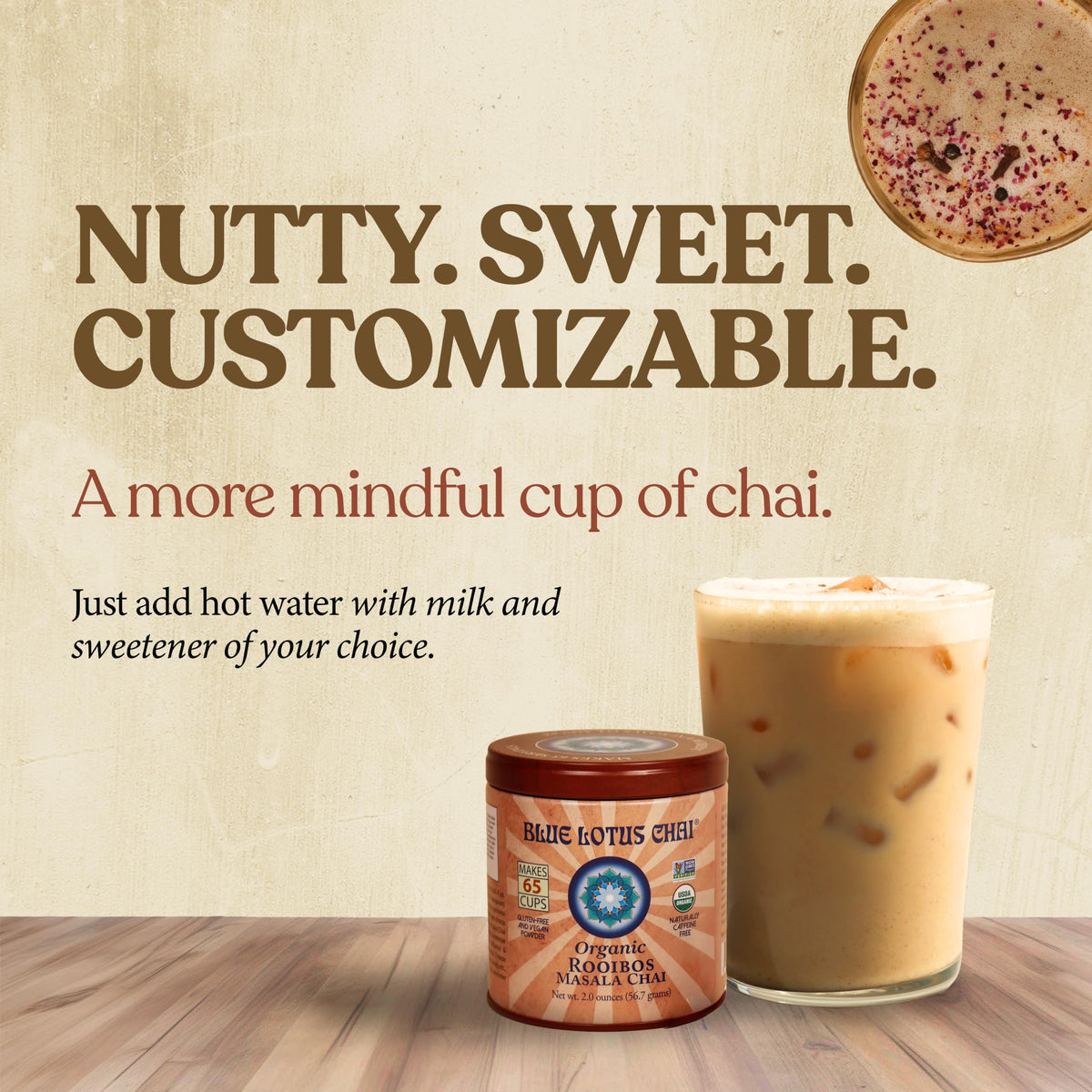 Blue Lotus Chai - Rooibos Flavor Masala Chai - Makes 65 Cups - 2 Ounce Masala Spiced Chai Powder with Organic Spices