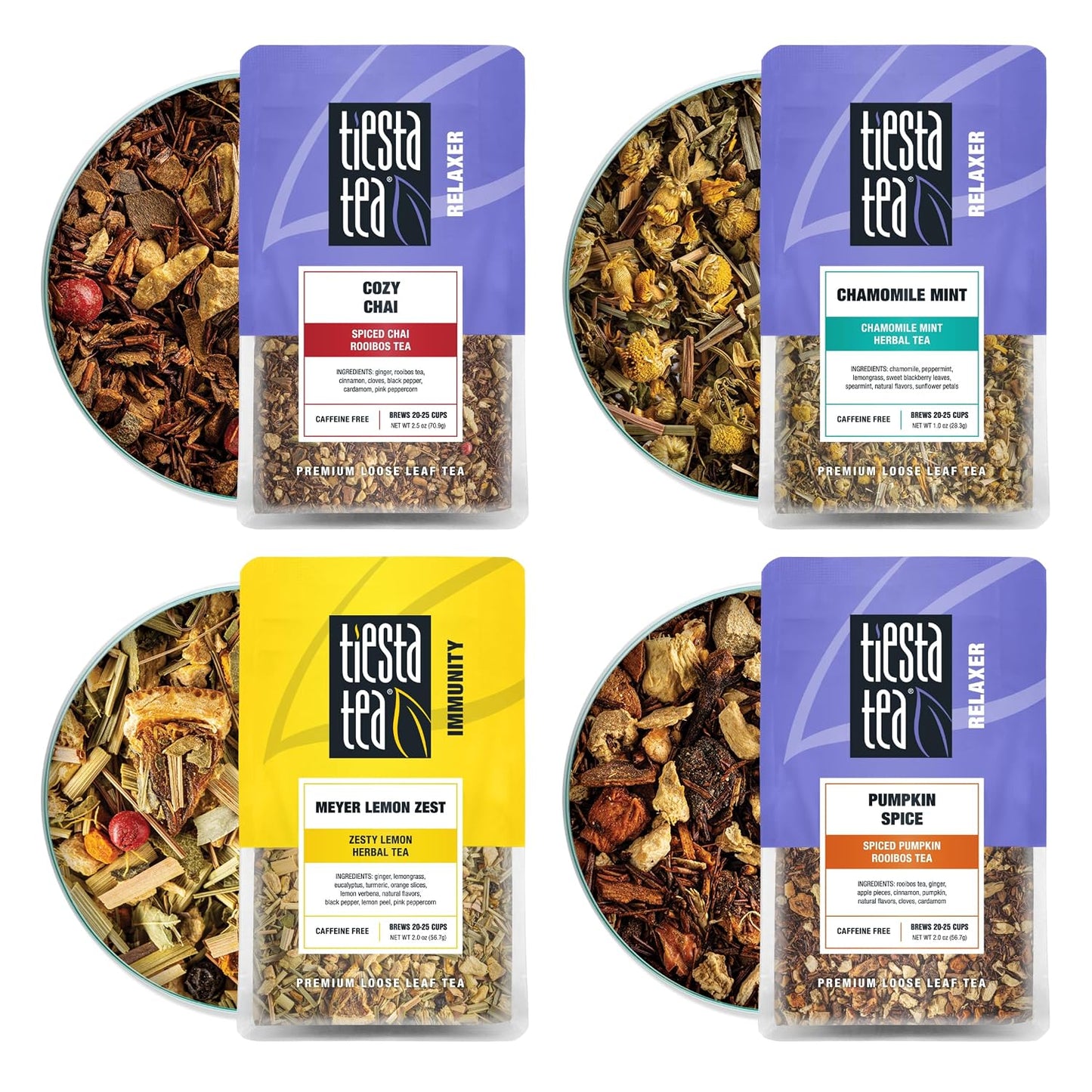 Tiesta Tea - 4 Autumnal Tea Blends, Loose Leaf, Premium Blend | Non-Caffeinated, Make Hot or Iced, Pouch of Pumpkin Spice, Cozy Chai, Chamomile Mint, Meyer Lemon Zest, Pack of 4