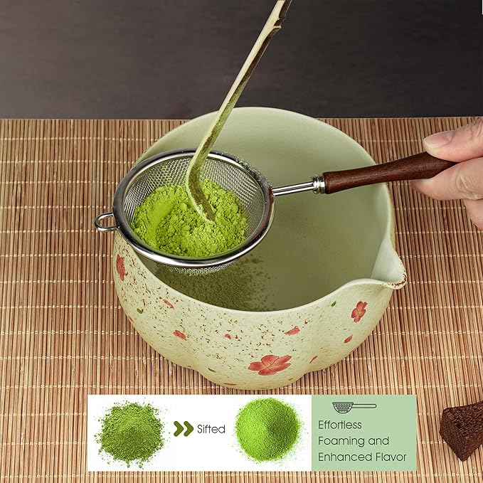 7-Piece Matcha Set with Ceramic Matcha Bowl, Bamboo Whisk (Chasen) & Holder, Sifter, Tea Scoop & Rest, Special Bamboo Tea Mat