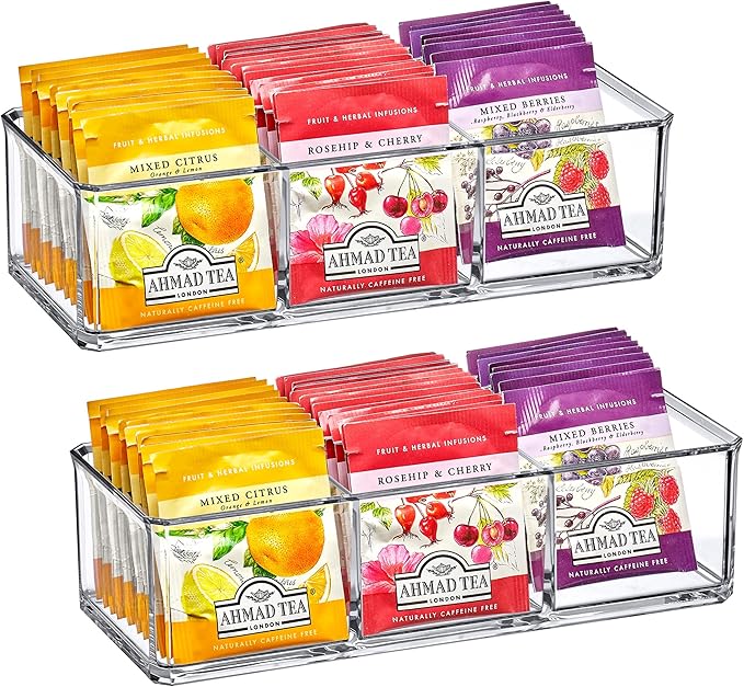 Amazing Abby - SereniTEA - 2-Pack Acrylic 3-Compartment Tea Bag Organizer, Clear Plastic Tea Box, 3-Slot Tea Chest, Perfect Tea Storage Solution for Kitchen Cabinet, Countertop, Pantry, and More