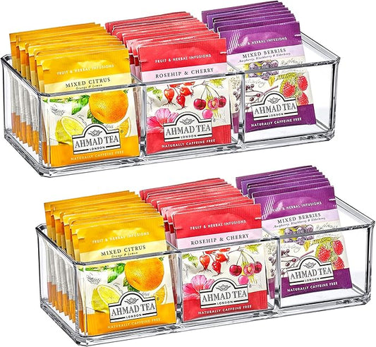 Amazing Abby - SereniTEA - 2-Pack Acrylic 3-Compartment Tea Bag Organizer, Clear Plastic Tea Box, 3-Slot Tea Chest, Perfect Tea Storage Solution for Kitchen Cabinet, Countertop, Pantry, and More