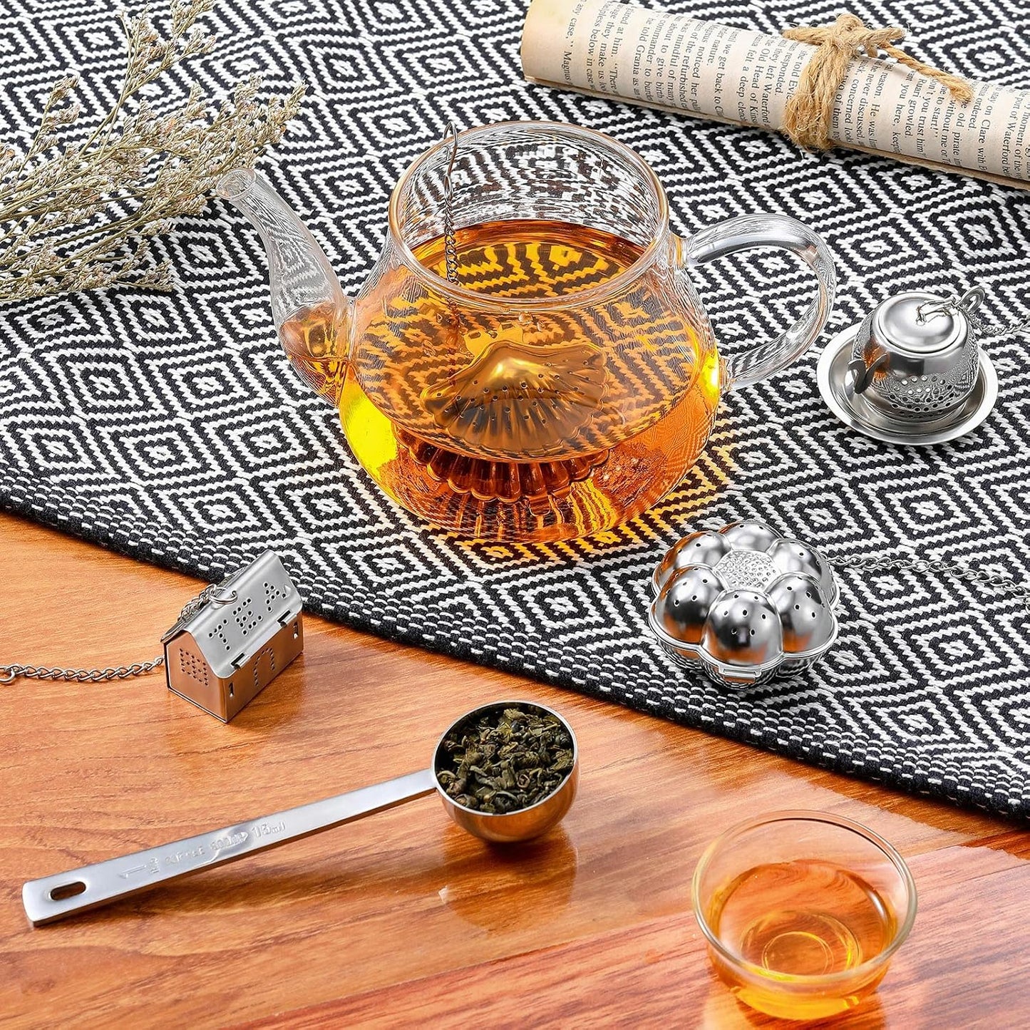 Vesici 10 Set Loose Leaf Tea Infuser Set Stainless Steel Tea Ball Strainer | Loose Tea Holder Infuser Ball Teas Filter Includes Chain Hooks and 1 Drip Trays with 1 Tea Spoon for Brew Tea Leaves Mug